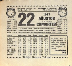 22 Ağustos 1987 Takvim Yaprağı - Doğum Günü Hediyesi EFMN15861 - Gökçekoleksiyon