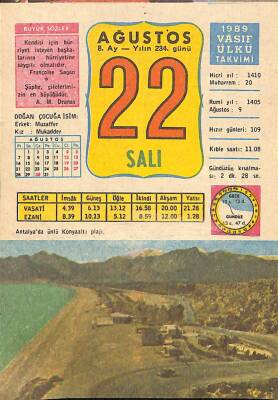 22 Ağustos 1989 Takvim Yaprağı - Doğum Günü Hediyesi EFM(N)9546 - 1
