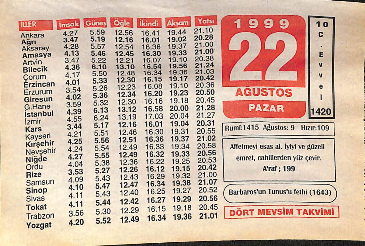 22 Ağustos 1999 Takvim Yaprağı - Doğum Günü Hediyesi EFMN14034 - 1