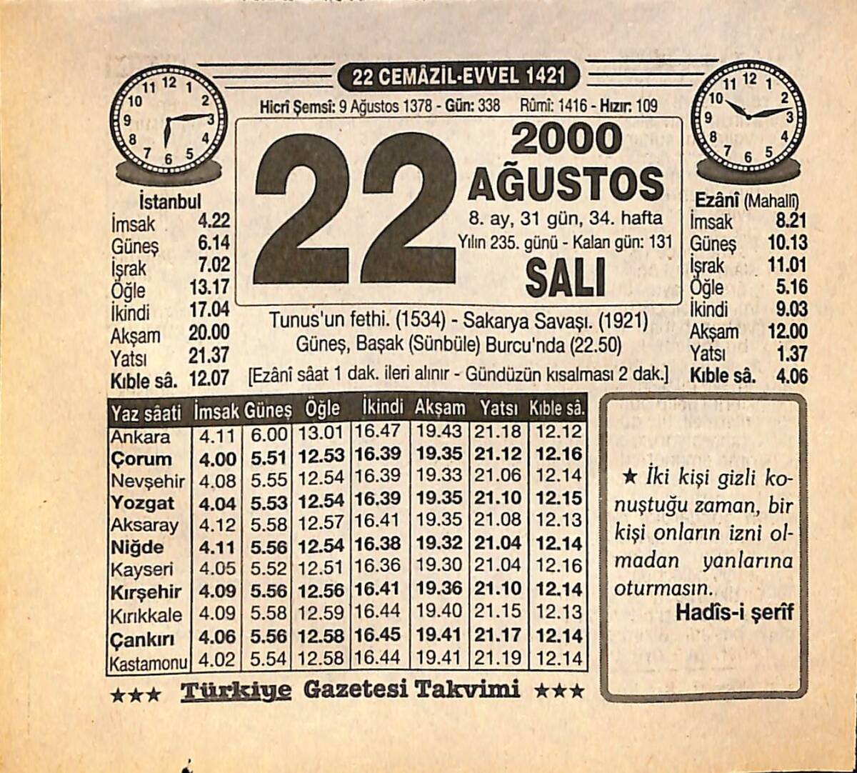 22 Ağustos 2000 Takvim Yaprağı - Doğum Günü Hediyesi EFMN14269 - 1