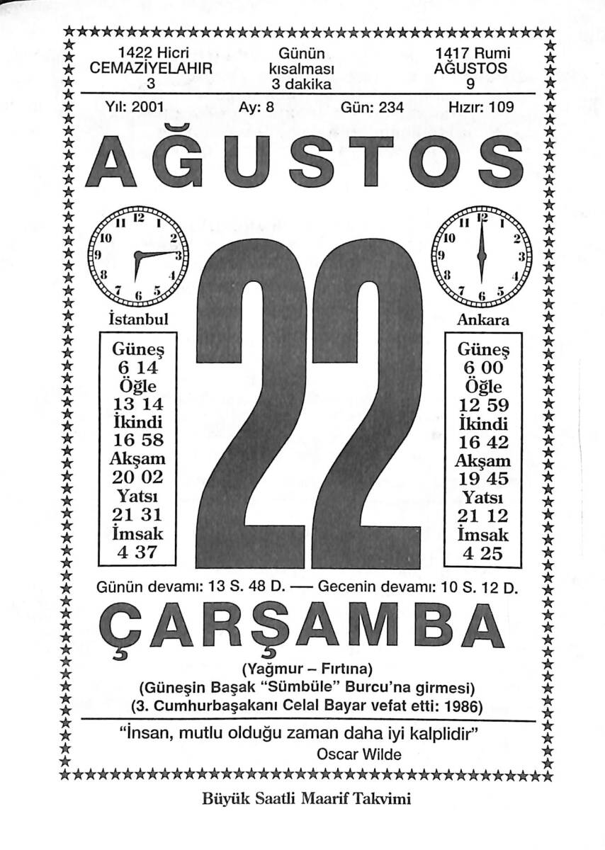 22 Ağustos 2001 Takvim Yaprağı - Doğum Günü Hediyesi EFMN14208 - 1