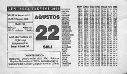 22 Ağustos 2006 Takvim Yaprağı - Doğum Günü Hediyesi EFM(N)9958 - 2