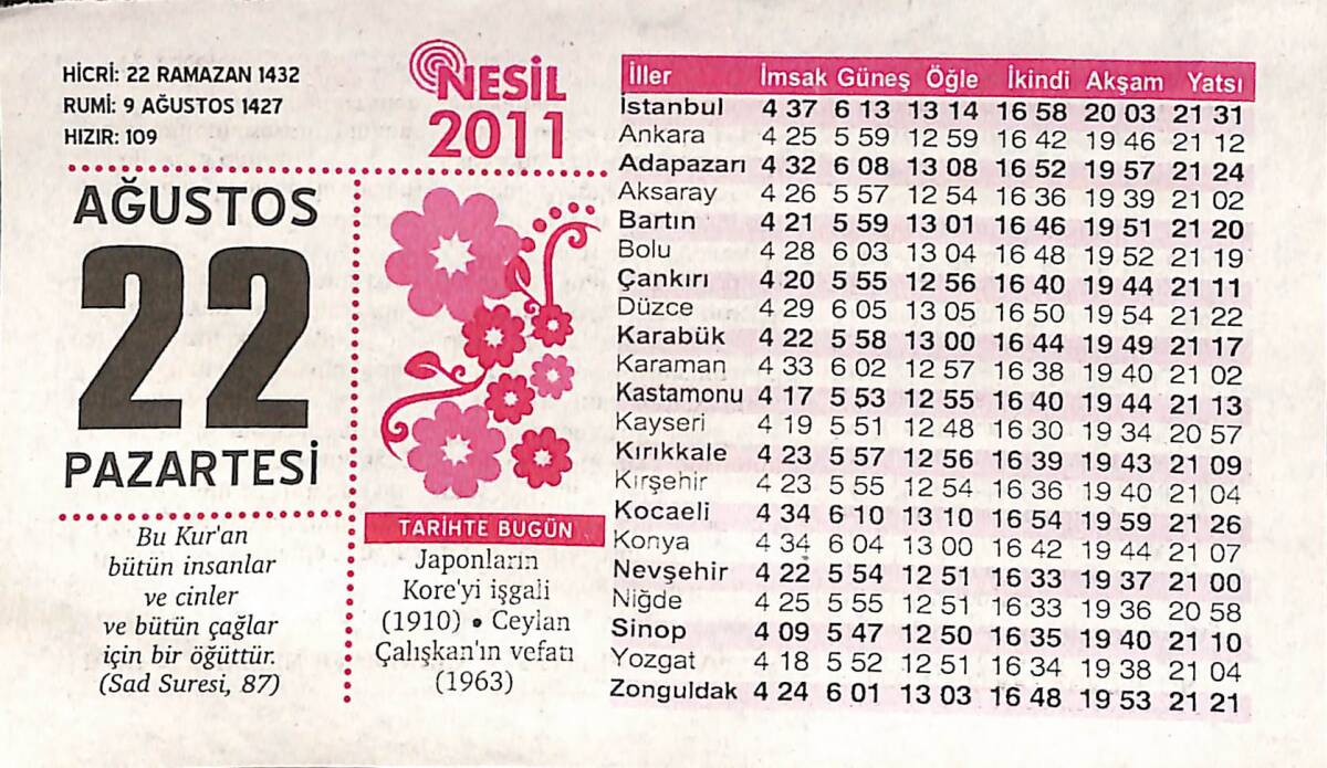22 Ağustos 2011 Takvim Yaprağı - Doğum Günü Hediyesi EFMN14337 - 1