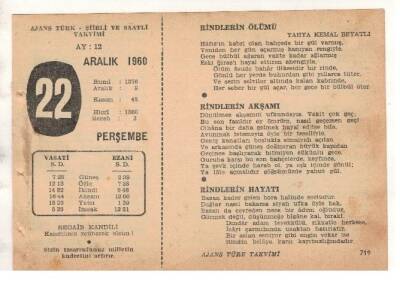 22 Aralık 1960 Ajans Türk Takvim Yaprağı (Şiirli Saatli) EFM(N) 1816 - 2