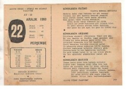 22 Aralık 1960 Ajans Türk Takvim Yaprağı (Şiirli Saatli) EFM(N) 1816 - 1