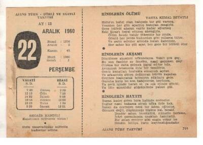 22 Aralık 1960 Ajans Türk Takvim Yaprağı (Şiirli Saatli) EFM(N) 1816 - 1
