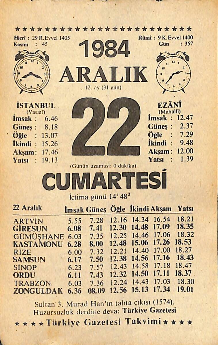 22 Aralık 1984 Takvim Yaprağı - Doğum Günü Hediyesi EFMN14502 - 1