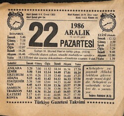 22 Aralık 1986 Takvim Yaprağı - Doğum Günü Hediyesi EFMN14851 - Gökçekoleksiyon