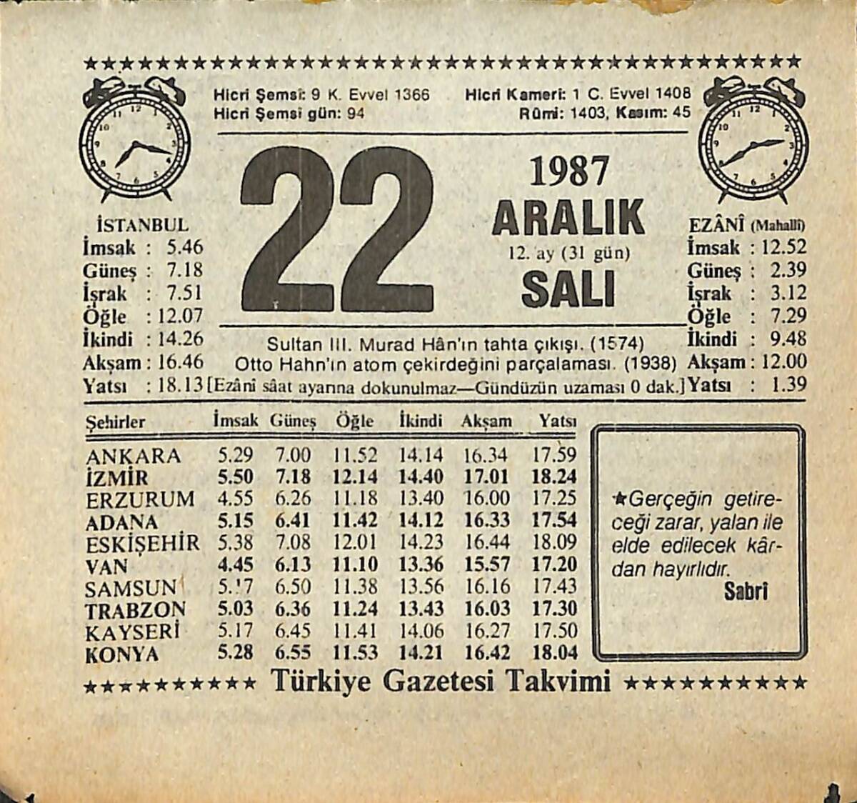 22 Aralık 1987 Takvim Yaprağı - Doğum Günü Hediyesi EFMN14989 - 1