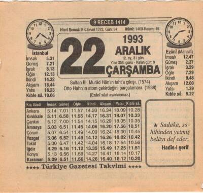 22 Aralık 1993 Takvim Yaprağı EFM(N)4243 - 2