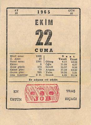 22 Ekim 1965 Takvim Yaprağı - Doğum Günü Hediyesi EFM(N)11424 - 1