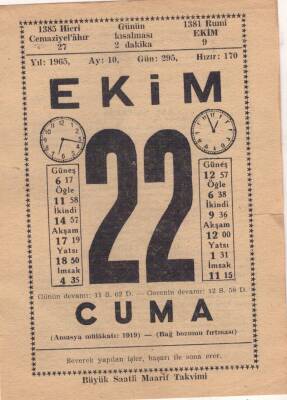 22 Ekim 1965 Takvim Yaprağı EFM(N)3565 - 3