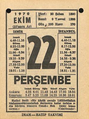 22 Ekim 1970 Takvim Yaprağı - Doğum Günü Hediyesi EFM(N)10552 - 1