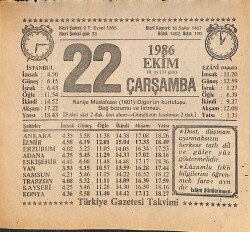 22 Ekim 1986 Takvim Yaprağı - Doğum Günü Hediyesi EFMN14909 - Gökçekoleksiyon