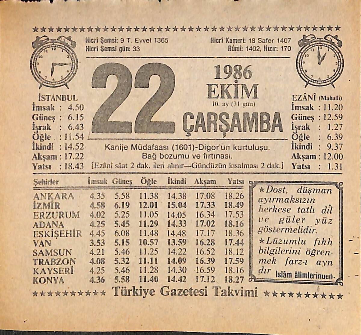 22 Ekim 1986 Takvim Yaprağı - Doğum Günü Hediyesi EFMN14909 - 1
