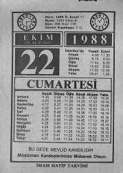 22 Ekim 1988 Takvim Yaprağı - Doğum Günü Hediyesi EFMN14639 - Gökçekoleksiyon