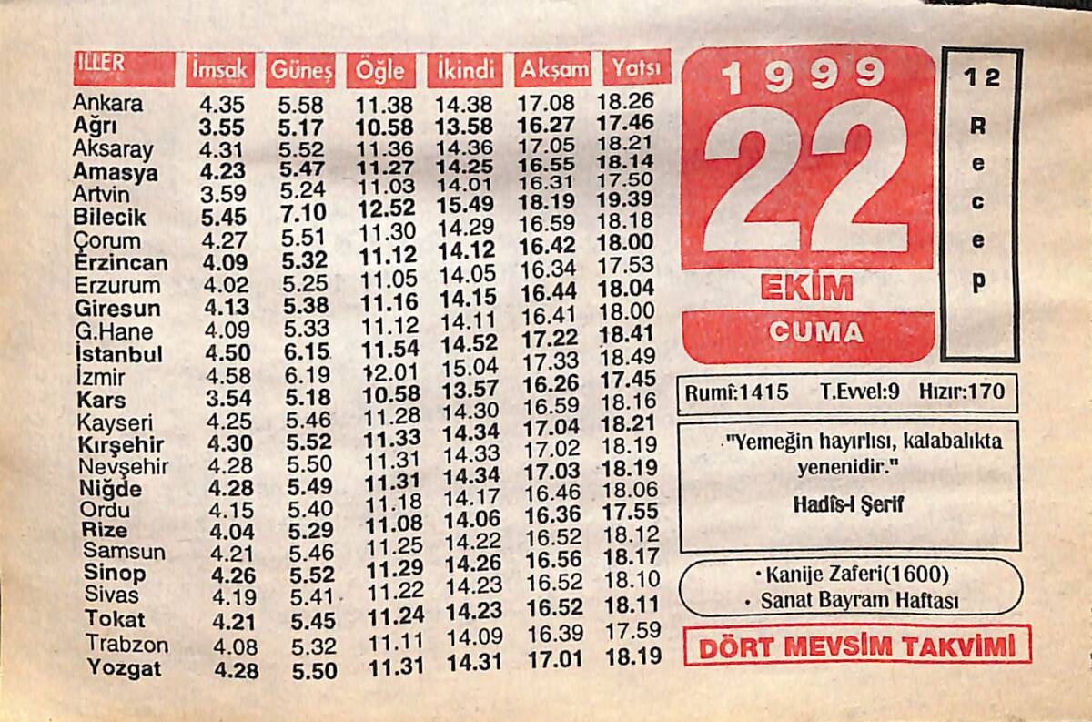 22 Ekim 1999 Takvim Yaprağı - Doğum Günü Hediyesi EFMN14065 - 1