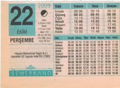22 Ekim 2009 Takvim Yaprağı EFM(N)3301 - 3