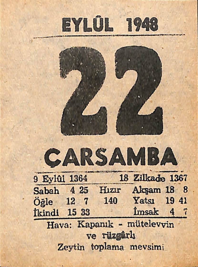 22 Eylül 1948 Takvim Yaprağı - Doğum Günü Hediyesi EFMN14385 - 1