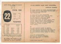 22 Eylül 1960 Ajans Türk Takvim Yaprağı (Şiirli Saatli) EFM(N) 1729 - 1