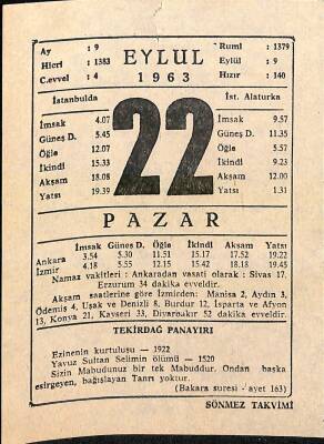22 Eylül 1963 Takvim Yaprağı - Doğum Günü Hediyesi EFM(N)11422 - 1