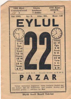 22 Eylül 1963 Takvim Yaprağı EFM(N)3634 - 2