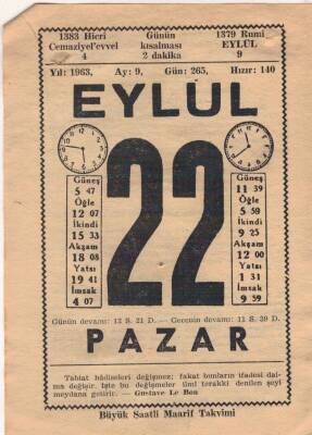 22 Eylül 1963 Takvim Yaprağı EFM(N)3634 - 1