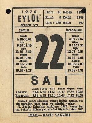 22 Eylül 1970 Takvim Yaprağı - Doğum Günü Hediyesi EFM(N)9898 - 1