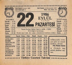 22 Eylül 1986 Takvim Yaprağı - Doğum Günü Hediyesi EFMN14939 - Gökçekoleksiyon