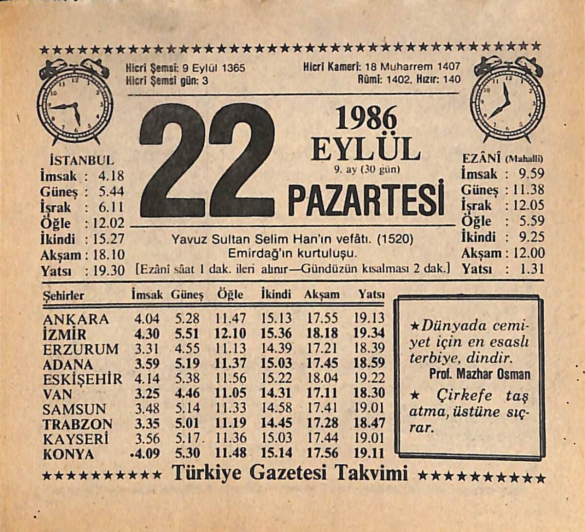 22 Eylül 1986 Takvim Yaprağı - Doğum Günü Hediyesi EFMN14939 - 1