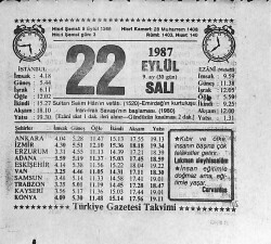 22 Eylül 1987 Takvim Yaprağı - Doğum Günü Hediyesi EFMN13957 - Gökçekoleksiyon