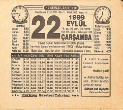22 Eylül 1999 Takvim Yaprağı - Doğum Günü Hediyesi EFMN15485 - Gökçekoleksiyon