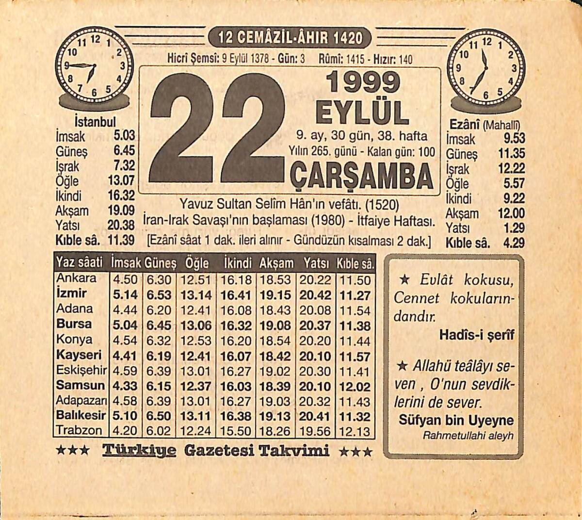 22 Eylül 1999 Takvim Yaprağı - Doğum Günü Hediyesi EFMN15485 - 1