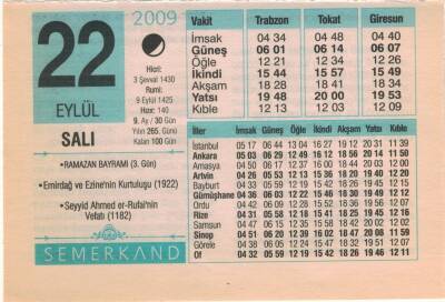 22 Eylül 2009 Takvim Yaprağı EFM(N)2945 - 1