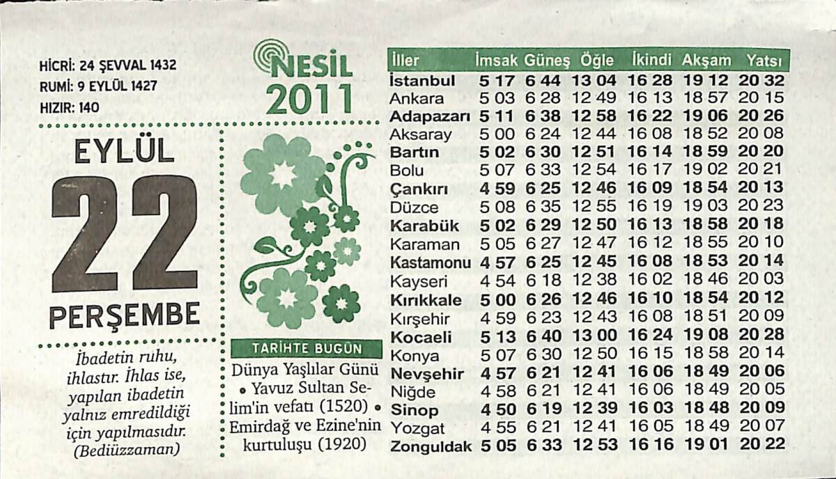 22 Eylül 2011 Takvim Yaprağı - Doğum Günü Hediyesi EFMN14368 - 1