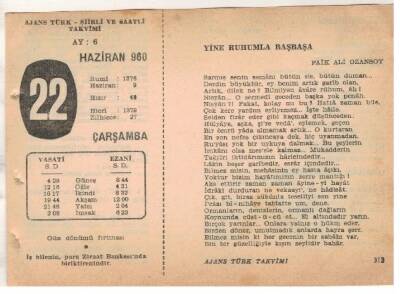 22 Haziran 1960 Ajans Türk Takvim Yaprağı (Şiirli Saatli) EFM(N)1639 - 4