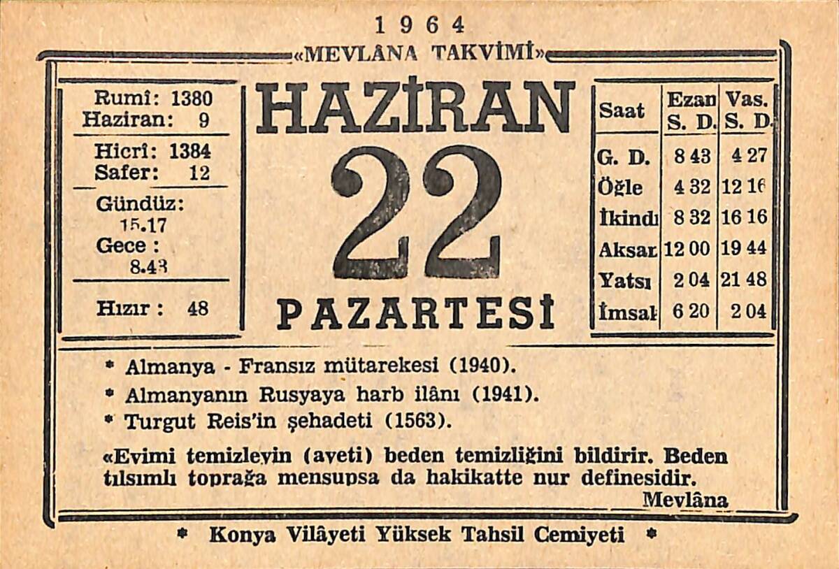 22 Haziran 1964 Takvim Yaprağı - Doğum Günü Hediyesi EFMN15558 - 1