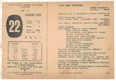 22 Kasım 1960 Ajans Türk Takvim Yaprağı (Şiirli Saatli) EFM(N) 1788 - 3