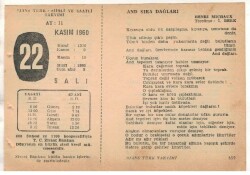 22 Kasım 1960 Ajans Türk Takvim Yaprağı (Şiirli Saatli) EFM(N) 1788 - 2