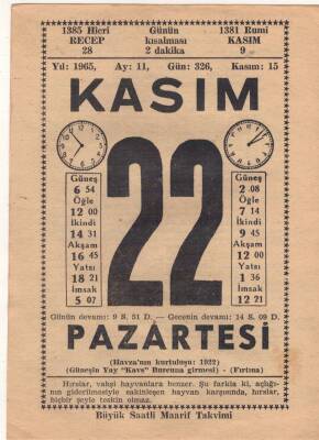 22 Kasım 1965 Takvim Yaprağı EFM(N)3699 - 2