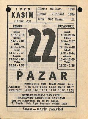 22 Kasım 1970 Takvim Yaprağı - Doğum Günü Hediyesi EFM(N)10754 - 4