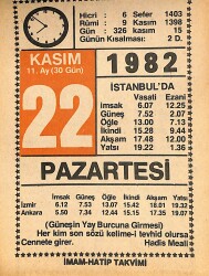 22 Kasım 1982 Takvim Yaprağı - Doğum Günü Hediyesi EFMN15969 - Gökçekoleksiyon
