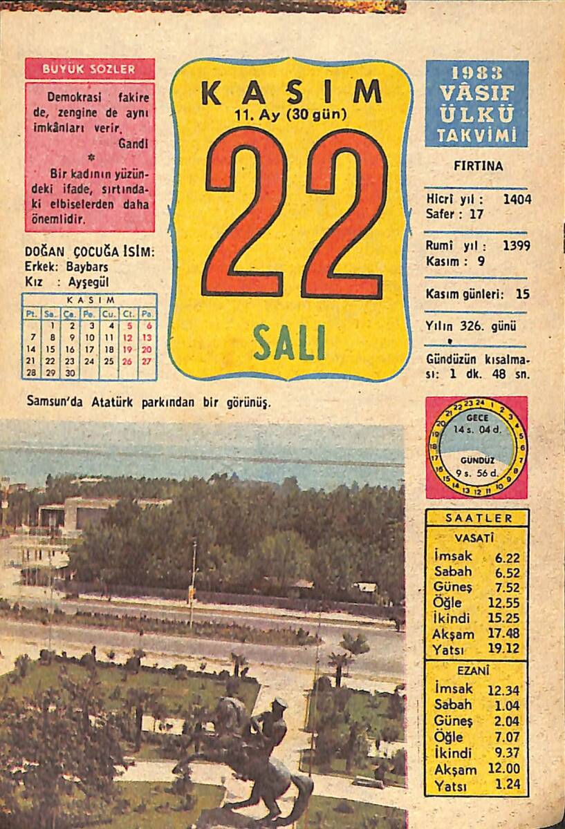22 Kasım 1983 Takvim Yaprağı - Doğum Günü Hediyesi EFMN14701 - 1