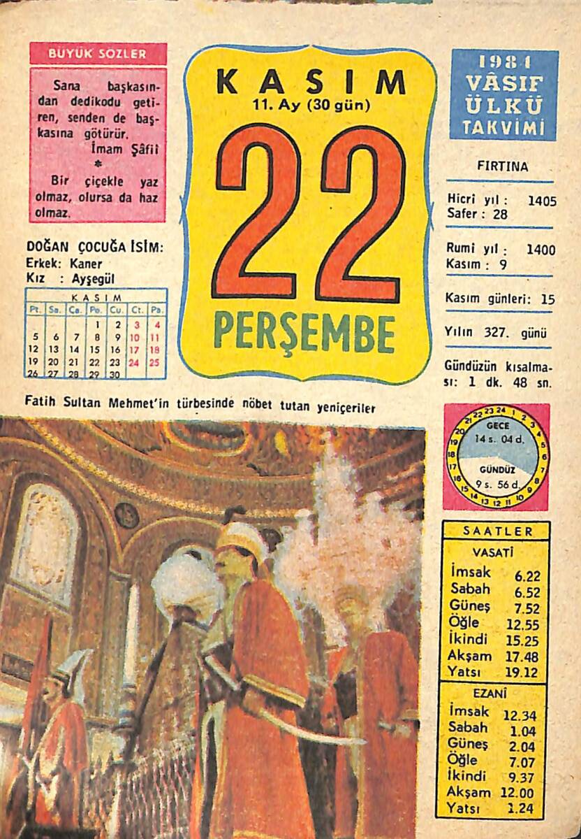 22 Kasım 1984 Takvim Yaprağı - Doğum Günü Hediyesi EFMN14788 - 1