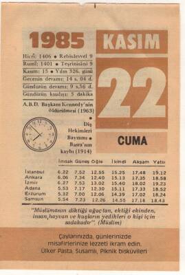 22 Kasım 1985 Takvim Yaprağı EFM(N)3392 - 1