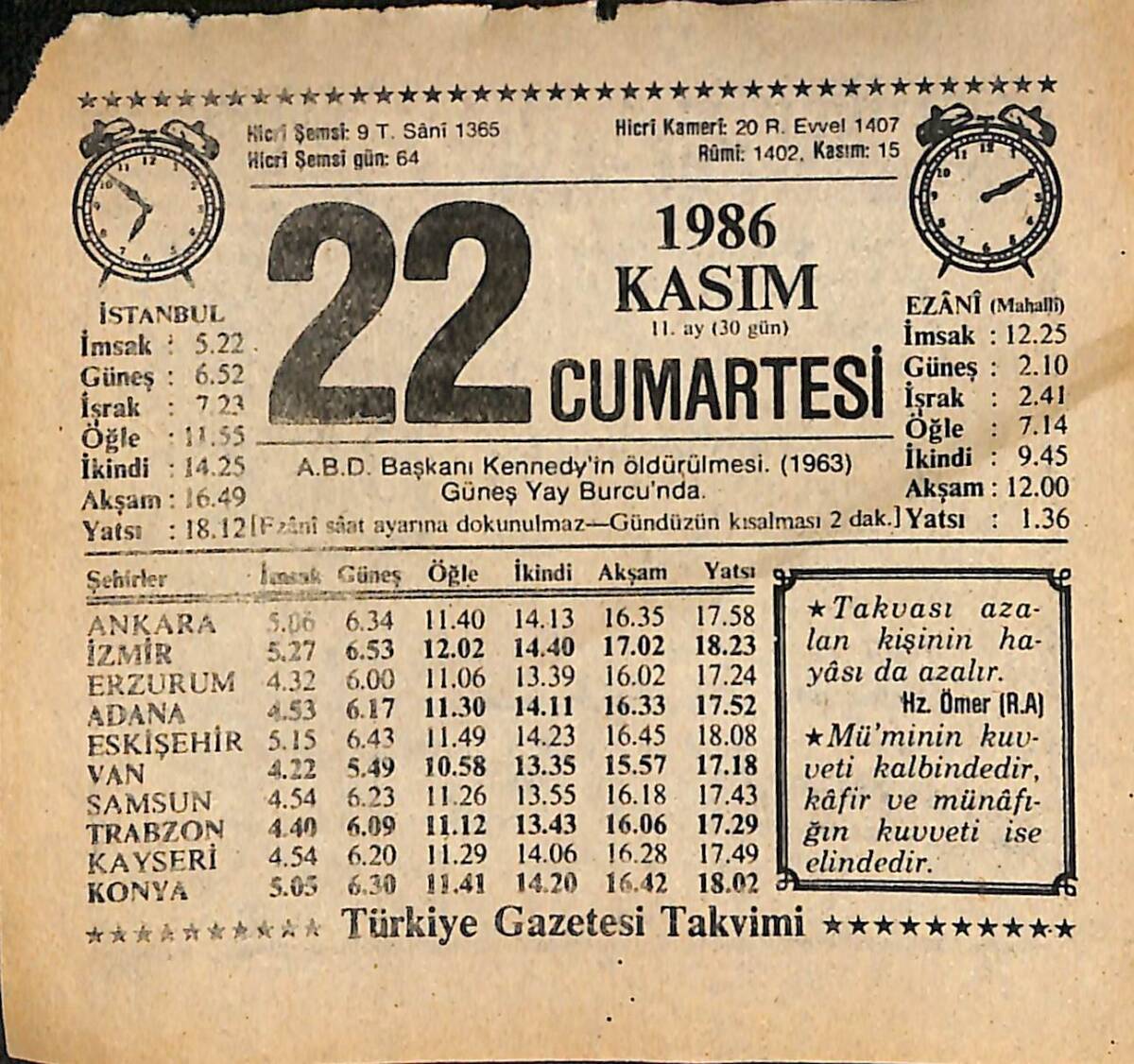 22 Kasım 1986 Takvim Yaprağı - Doğum Günü Hediyesi EFMN14880 - 1