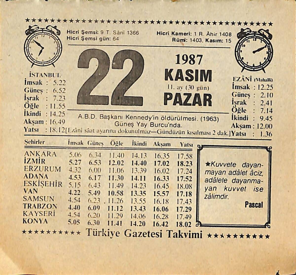 22 Kasım 1987 Takvim Yaprağı - Doğum Günü Hediyesi EFMN15019 - 1