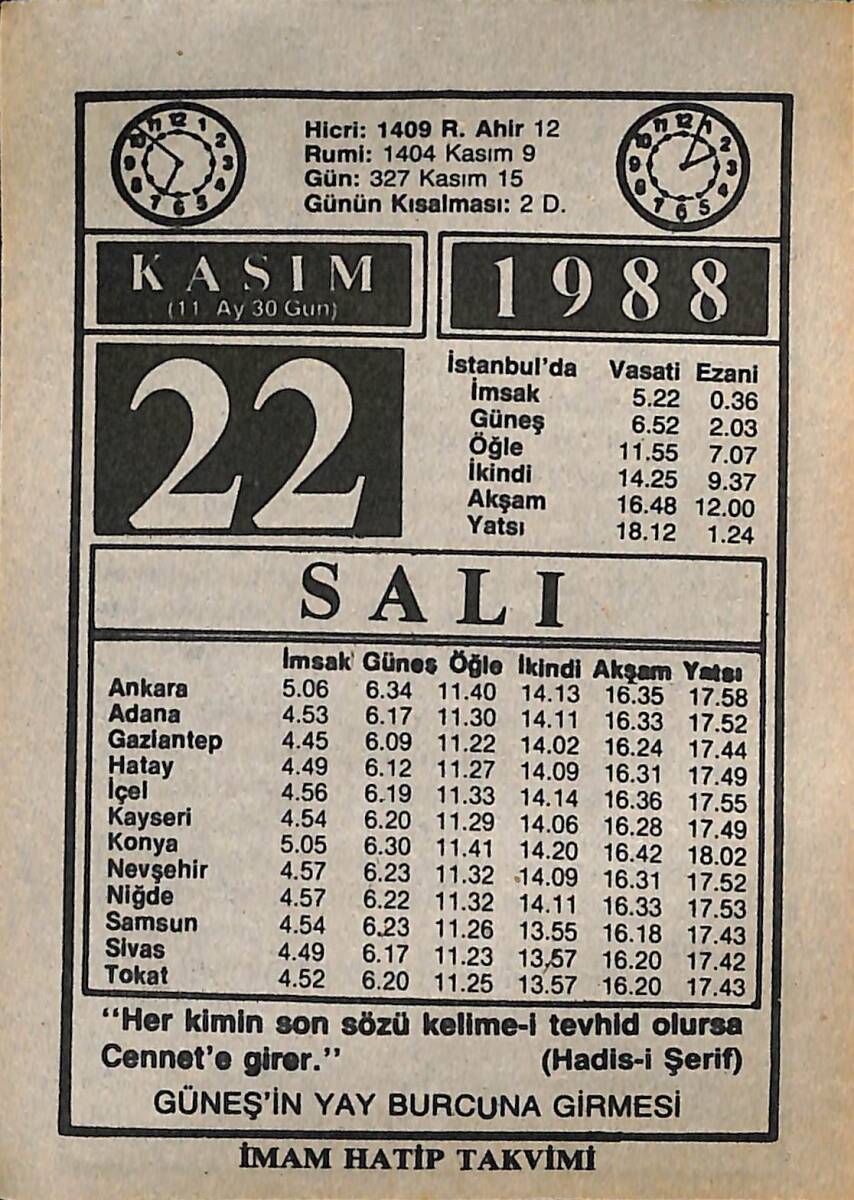 22 Kasım 1988 Takvim Yaprağı - Doğum Günü Hediyesi EFMN14608 - 1