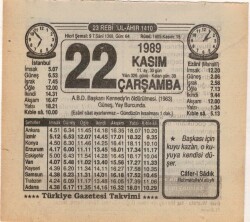 22 Kasım 1989 Takvim Yaprağı EFM(N)3482 - Gökçekoleksiyon