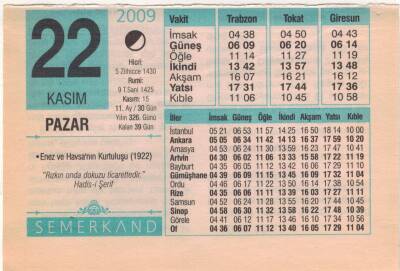 22 Kasım 2009 Takvim Yaprağı EFM(N)3846 - 3